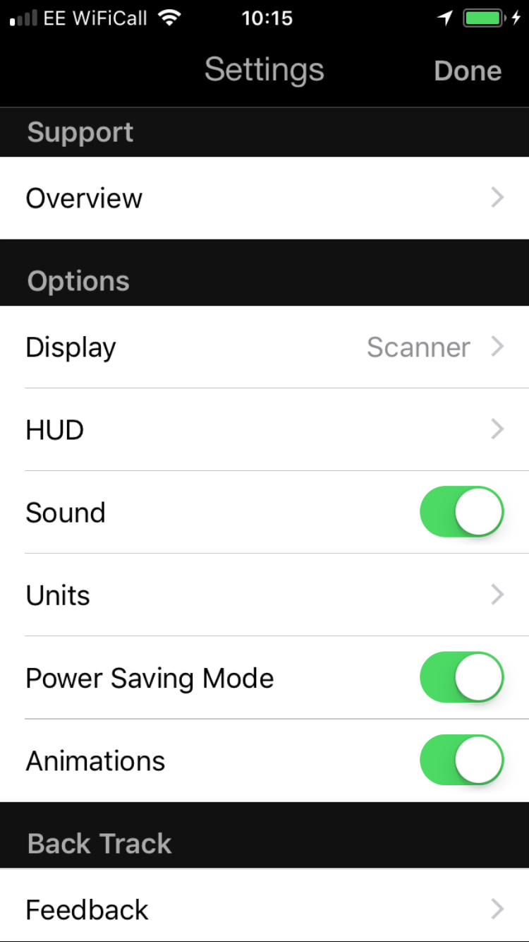 Back Track Settings View